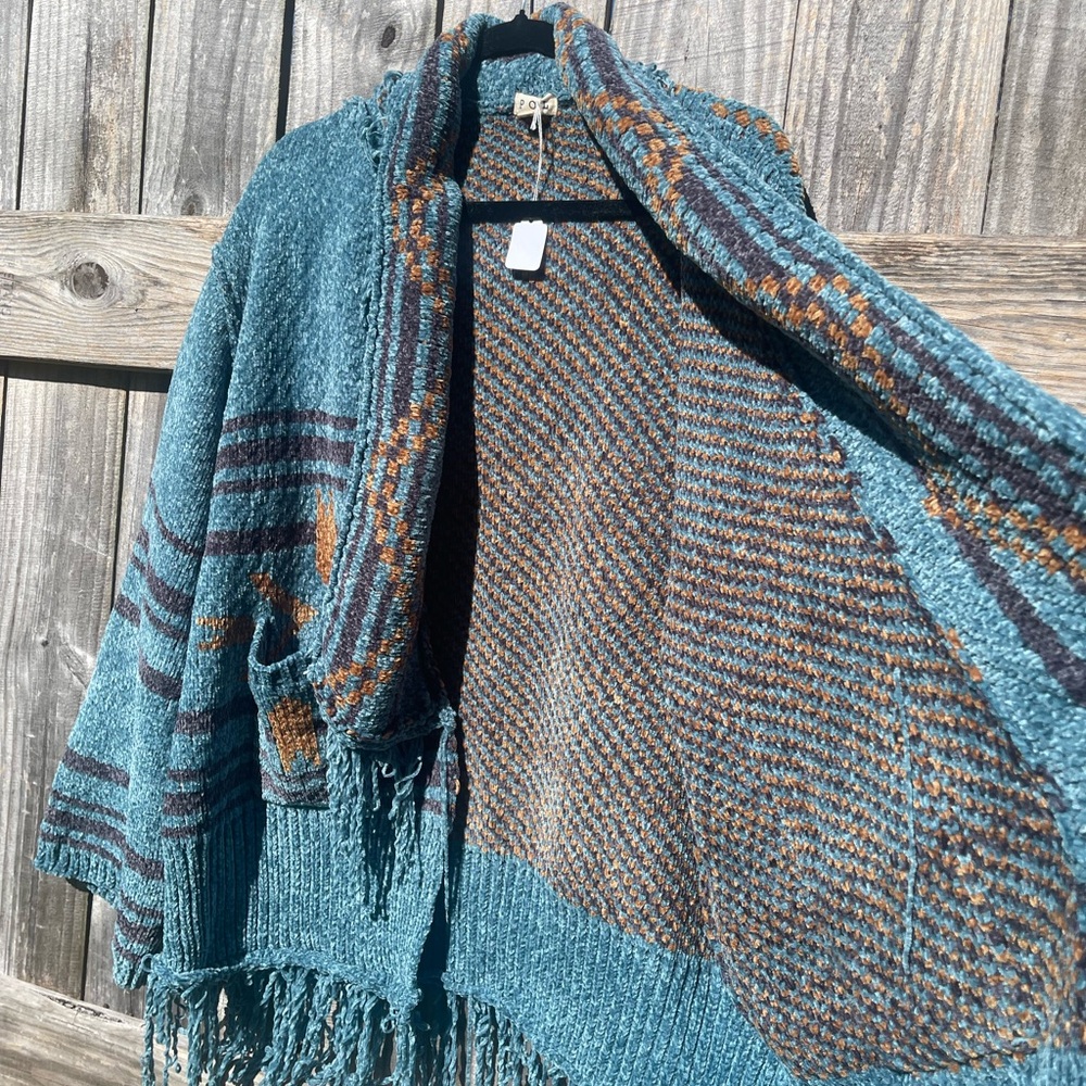POL Teal and Brown Fringed Southwestern Cardigan - Picture 7 of 13